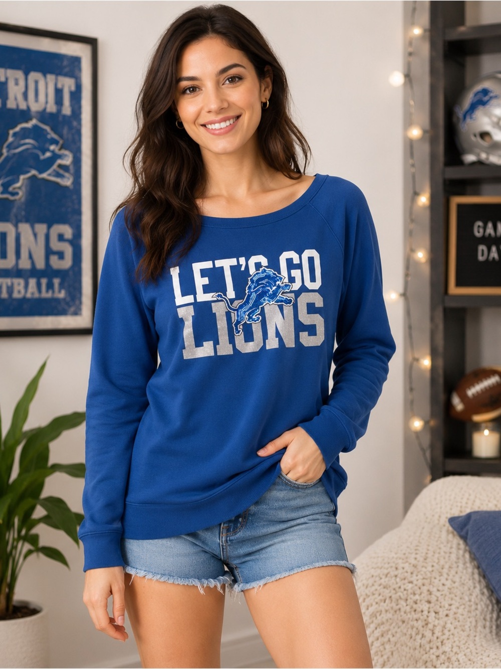 PINK Victoria’s Secret Detroit Lions Blue Graphic Sweatshirt Sm NFL Fan Crewneck